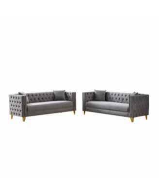 Chesterfield Velvet Sofa, 3+3 Seater, Button Nailhead, Square Arm