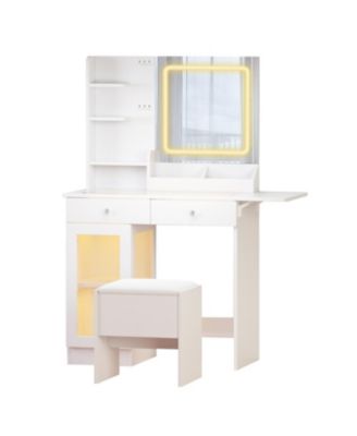 Vanity Desk with Lighted Mirror, USB Power, Drawers & Cabinet (White)