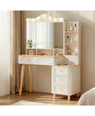 Vanity Desk with Lighted Mirror, USB Power, Drawers & Chest