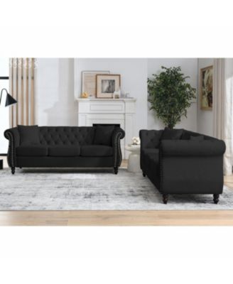 80" Black Velvet Chesterfield Sofa, Tufted 3 Seater Couch