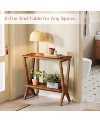 Solid Wood End Table for Living Room, 2-Tier Storage Shelves Sofa Couch Side Table with Sturdy Legs