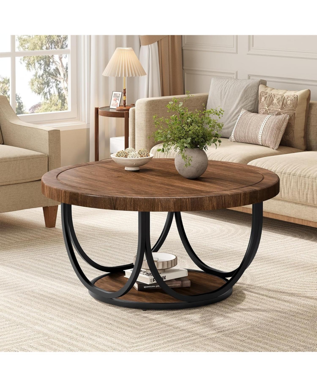 Tribesigns Round Coffee Table with 2 Tiers, 33.5" Wooden Circle Accent Cocktail Table, Industrial Center Tables