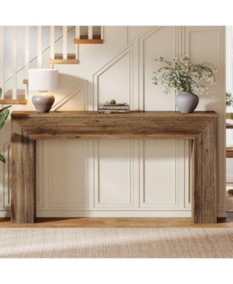 63" Console Table, Rustic Fluted Long Sofa Table Behind Couch for Entryway, Living Room, Hallway, Foyer, Brown