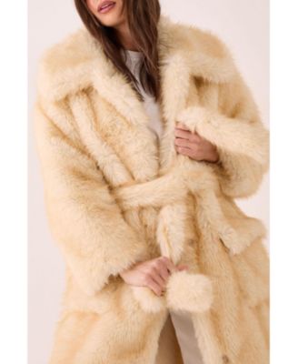 Women's Belted Tipped Faux Fur Coat