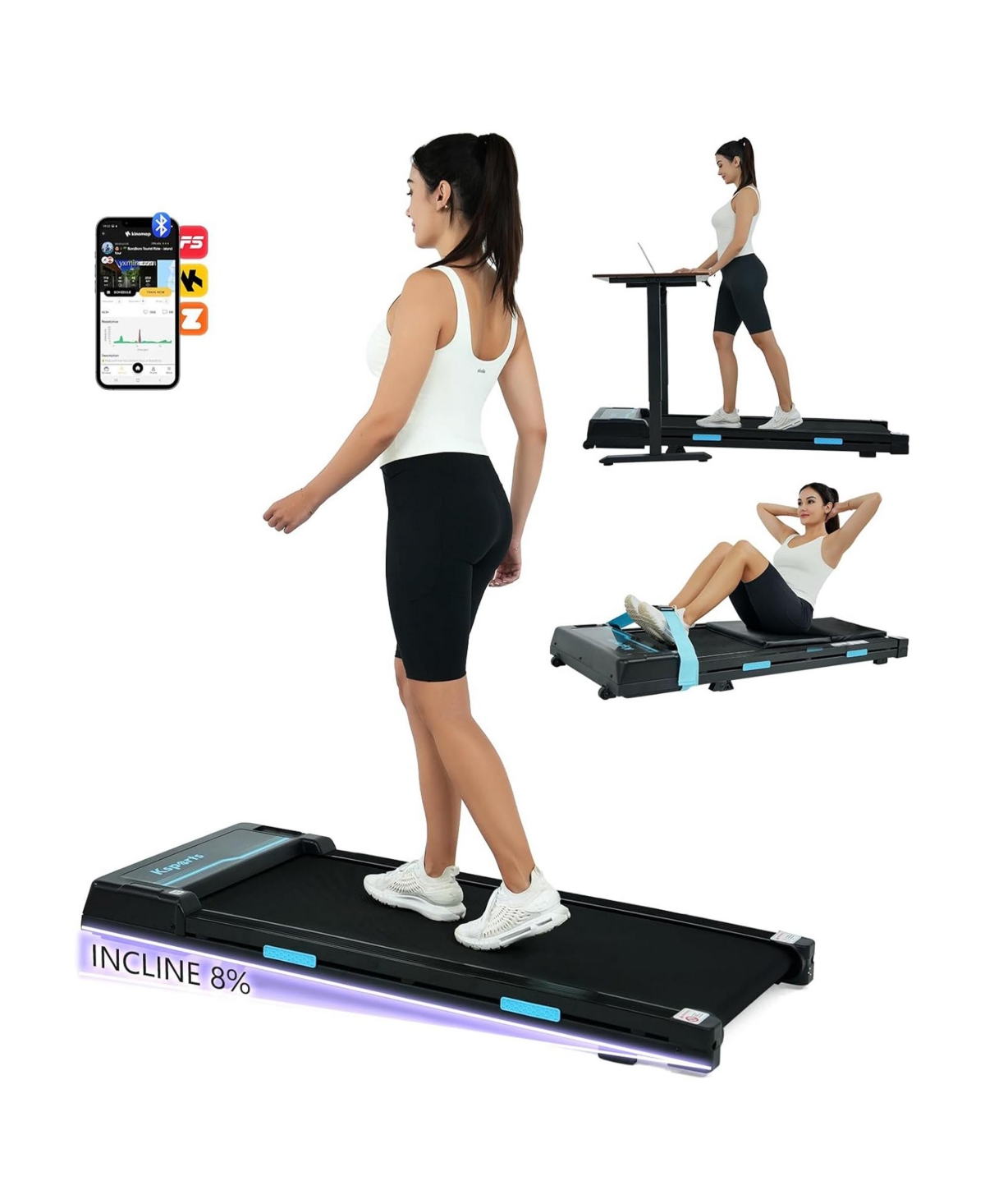 Ksports Under Desk Walking Pad Treadmill with Manual Incline and Wheels, 2.5 Hp