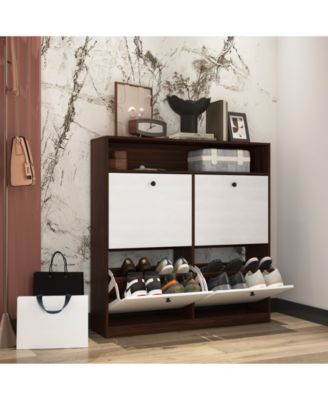Shoe Storage Cabinet with 4 Flip Drawers , Shoe Rack Organizer Cabinet with wooden handle for Entryway, Hallway