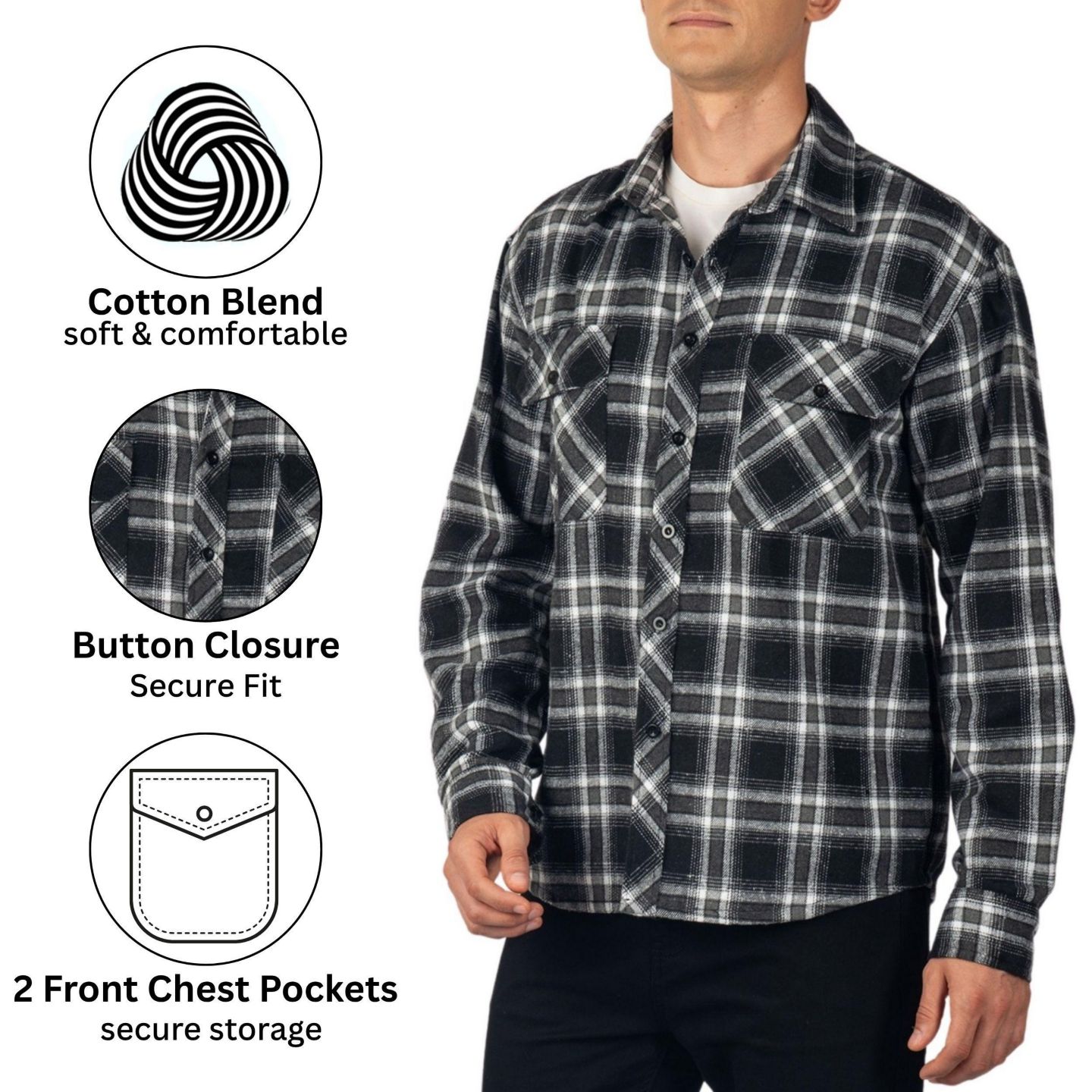 Мужская куртка Alpine Swiss Men Plaid Flannel Shirt Jacket Button Down Long Sleeve Cotton Blend Shirts, цвет: Чёрный серый — фото 2