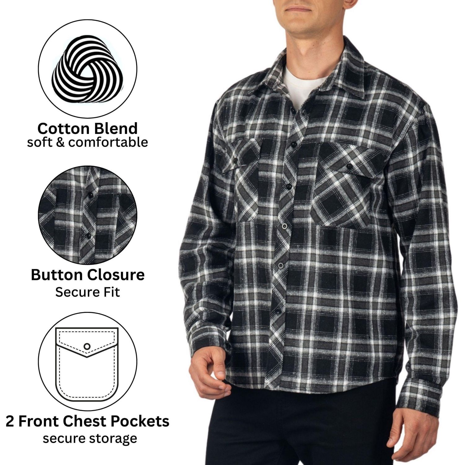 Men's Men Plaid Flannel Shirt Jacket Button Down Long Sleeve Cotton Blend Shirts