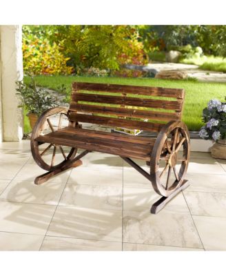 Wooden Wagon Wheel Bench, 2-Person W/ Slatted Seat,