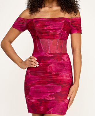 Juniors' Printed Mesh Off-The-Shoulder Short Dress