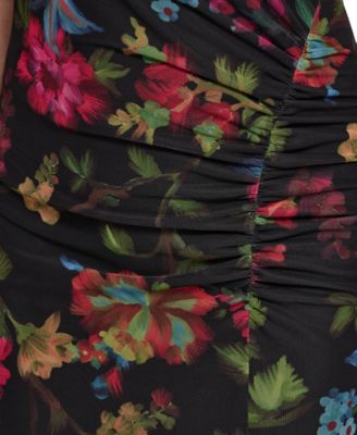 Women's Printed Mesh Asymmetrical Neckline Bodycon Dress