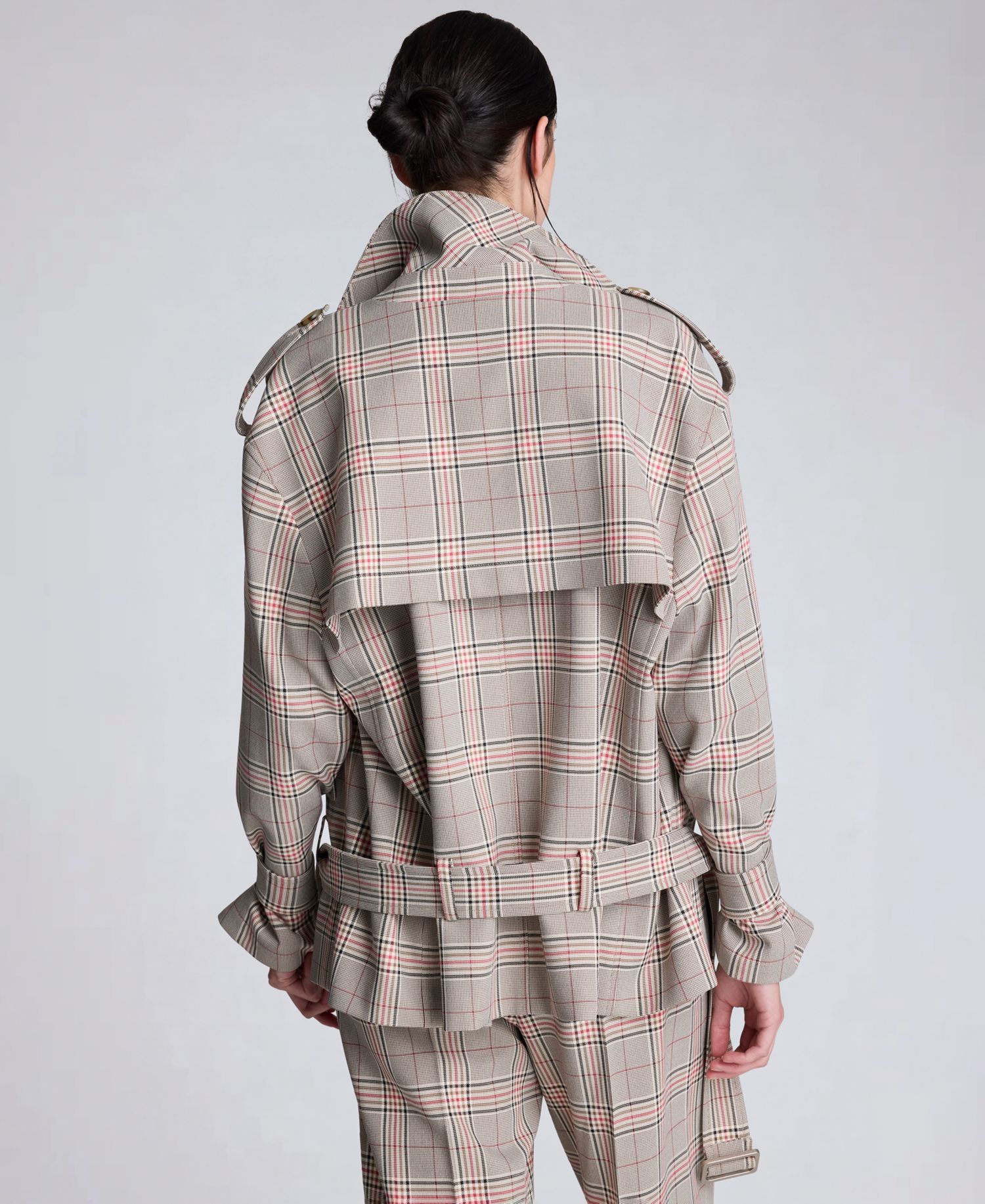 Women's Glen Plaid Button Front Drop Waist Belted Trench Jacket