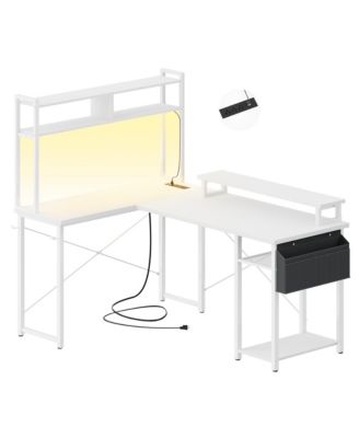 49'' Small L Shaped Desk with Hutch, Reversible Computer Gaming Desk with Outlet and LED Strip