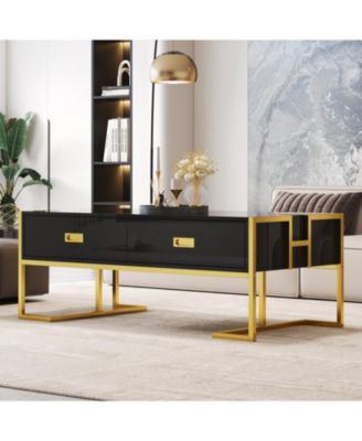 Modern Black Rectangular Coffee Table with 4 Drawers and Gold Base in 47.3"