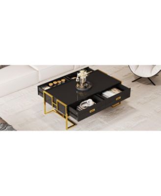 Modern Black Rectangular Coffee Table with 4 Drawers and Gold Base in 47.3"