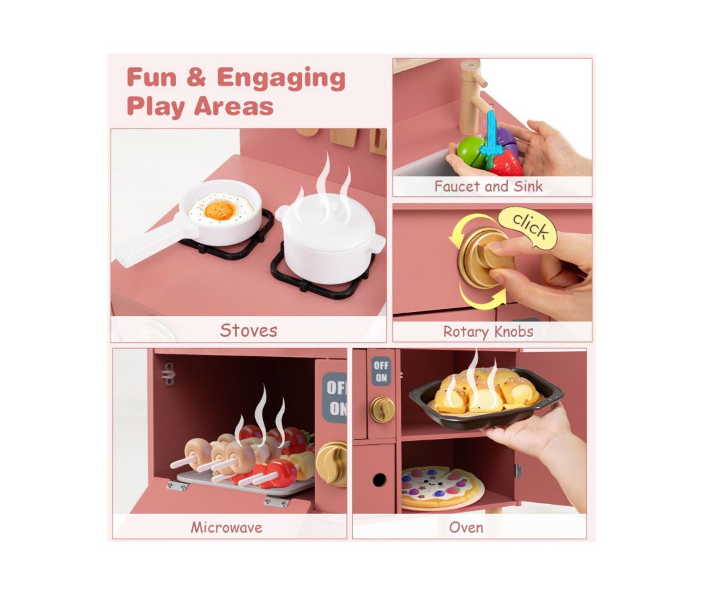 Детские игрушки HONGGE Interactive Cooking Wooden Play Kitchen Set with Built-In Storage, Ages 3+, цвет: Розовый — фото 6