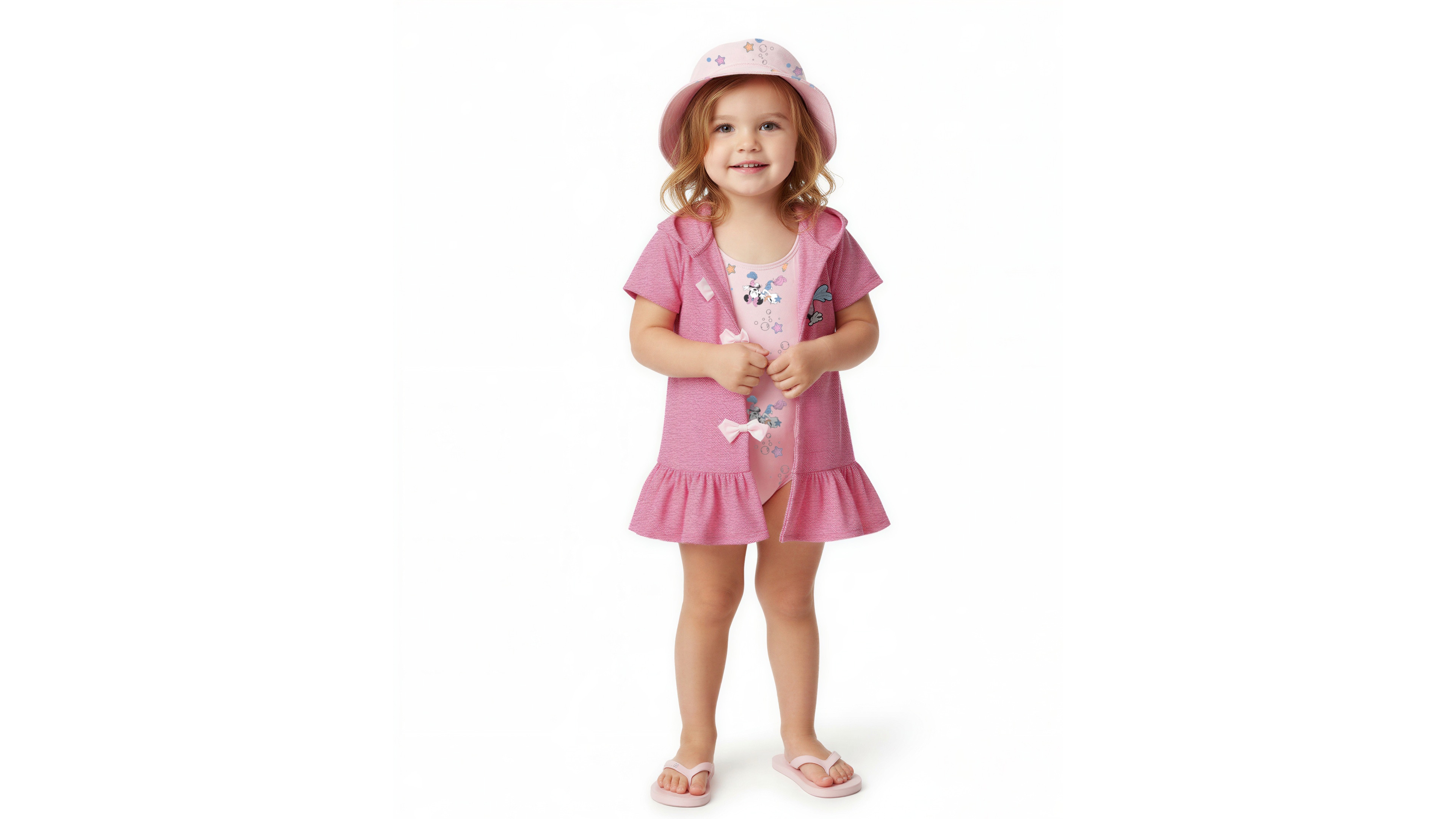 Disney Baby Girls' Minnie Short-Sleeve Cover-Up, Swimsuit and Bucket Hat, 3-Piece Set
