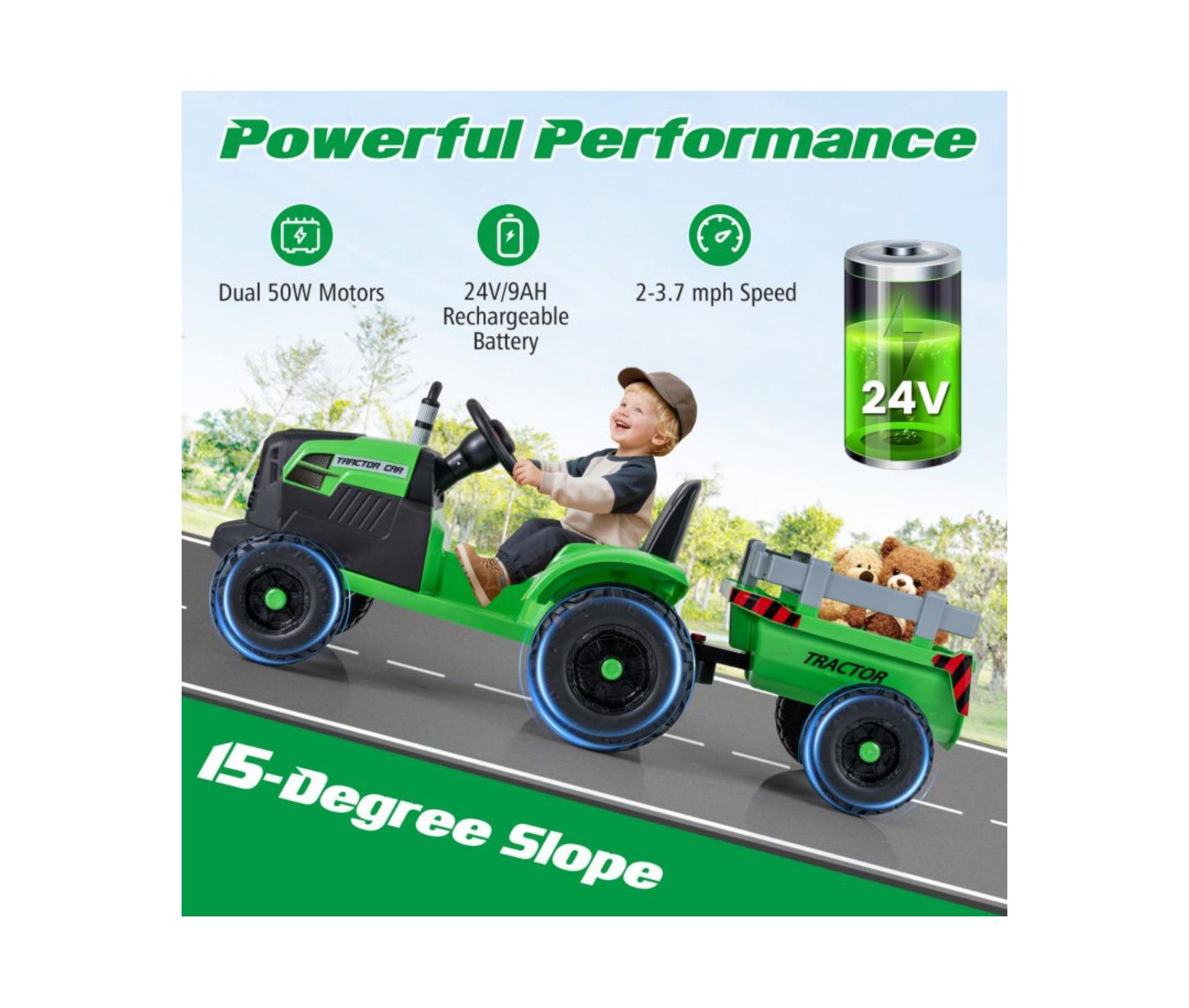 Детская игрушка HONGGE 24V Ride-On Tractor with Detachable Trailer and Remote Control, от 3 лет, цвет: Зелёный — фото 10