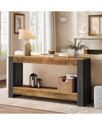 63-Inch Long Console Table for Entryway, Farmhouse Wood Sofa Table, Rustic Brown & Black