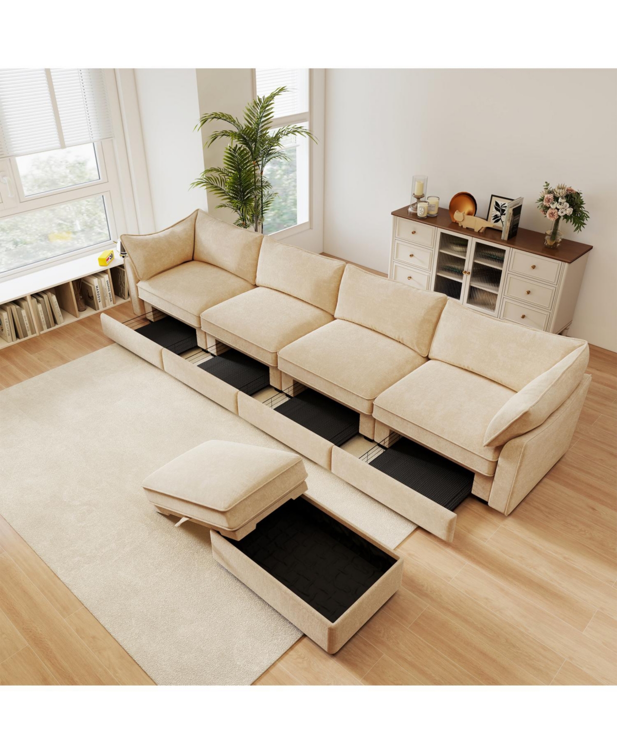 Streamdale Furniture L-shaped Modular Sofa- Chenille, Wheat, Storage, Footstool