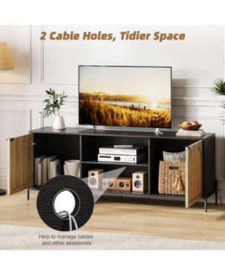 Rattan TV Stand for 75" TV, Mid-Century Entertainment Center with Adjustable Shelf and Storage