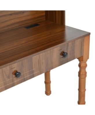 47" Retro Desk with Hutch, Charging, Drawers & Glass-Door Bookshelf, Walnut