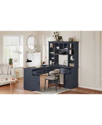  2-in-1 L-Shaped Desk w/ Cabinets, Drawers, Shelves & Power Outlet - Antique