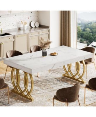 63-Inch Wood and Metal Faux Marble Tabletop Modern Kitchen Dining Table