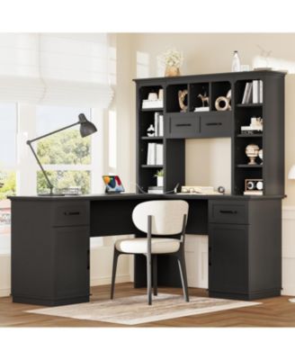 L-Shaped Desk w/ Cabinets, Drawers, Shelves & Flip-Up Storage