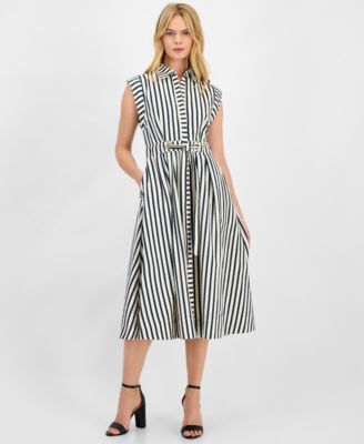 Women's Striped Belted Midi Shirtdress