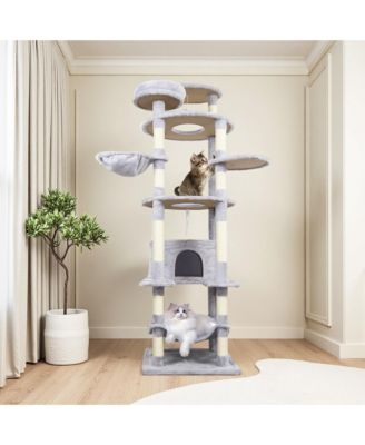 78.8 Light Gray Cat Tree Wide Base Large Condo 12 Sisal Posts Hammock Top Platform Interactive Toy