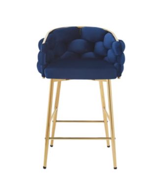 Set of 2 Modern Counter Stools, 28", Dark Blue with Iron Frame and Soft Cushion