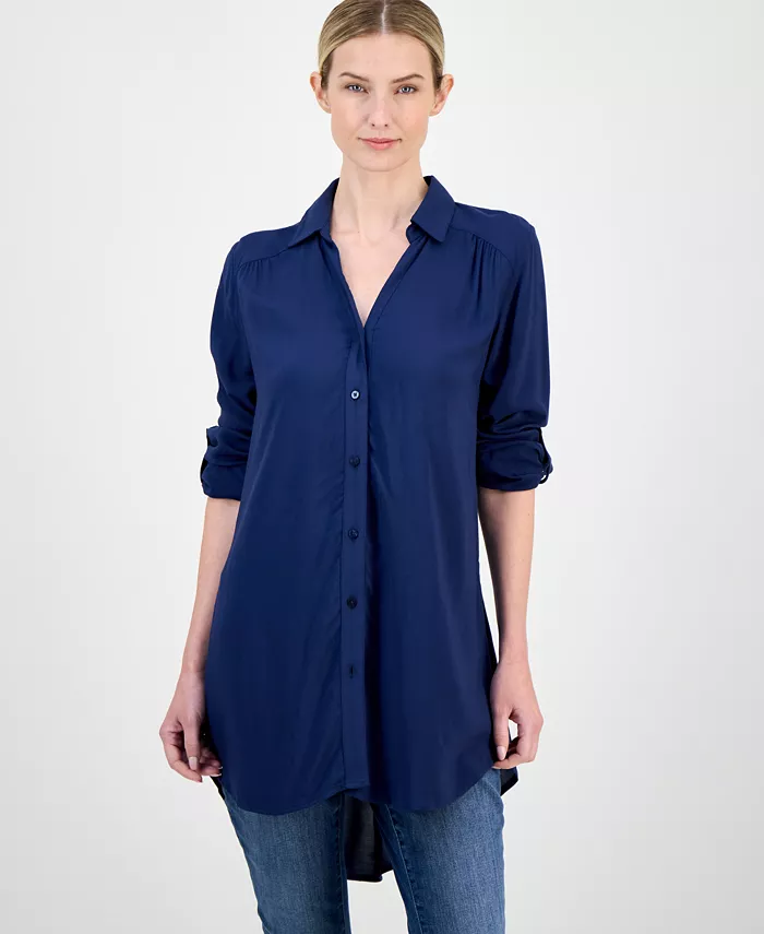 Women's Roll-Tab Button-Down Long Blouse