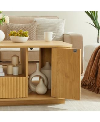 Modern Oval Coffee Table with Drawers & Storage - Natural