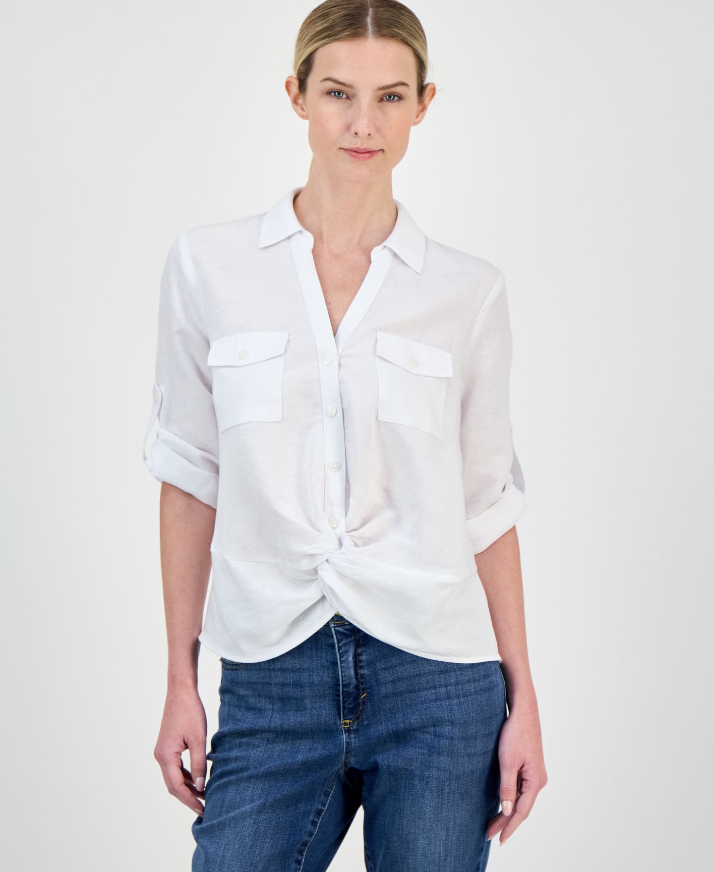 Женская блузка I.N.C. International Concepts Linen Twist-Hem Blouse, цвет: Яркий белый — фото 1