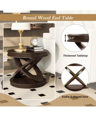 Retro Round Wooden End Table, X-Base, Espresso
