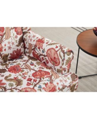 Floral Red Accent Chair with Wood Legs