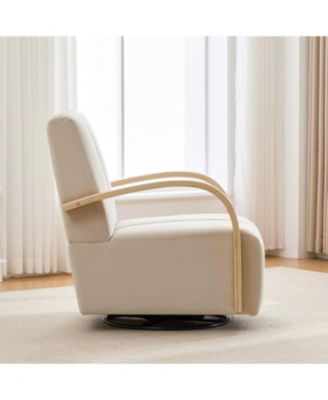 30.7" Swivel Accent Chair - Channel Tufted, Wood Armrests - Beige