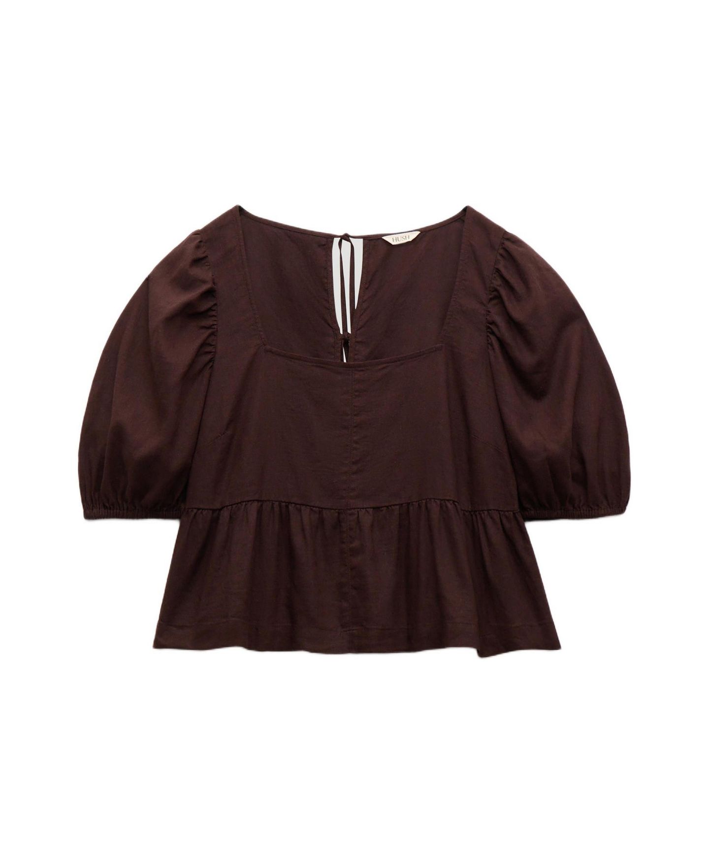 Женский топ Hush Alva Puff Sleeve Linen Beach, цвет: Тёмный коричневый — фото 2
