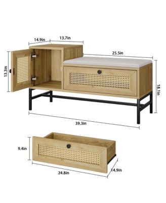 Shoe Storage Bench with Drawer and Cabinet, Rattan