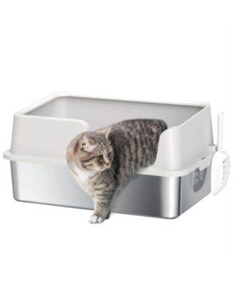 Light Gray Stainless Steel Litter Box for Large Cats: High Sides & Scoop, Elevate Your Space with Sleek