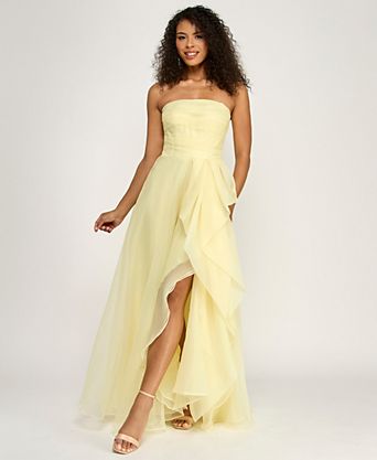 long yellow homecoming dresses Satin Light Gown with Pockets loveangeldress Finished with a slit for ease of movement Cute Yellow Homecoming Dresses -