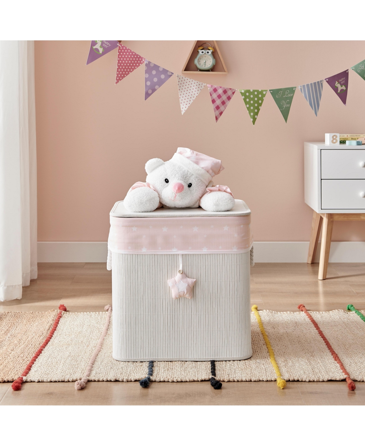 Danya B Pink/Cream Collapsible Bamboo Kids Plush Laundry Hamper with Liner and Handles - Sleepy Teddy Bear