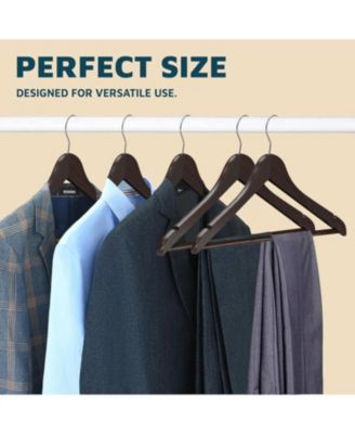 20-pack brown wooden hangers with 360°, non-slip notches, and pants bar. Supports up to 10 lbs—perfect for suits, dresses, coats & more.
