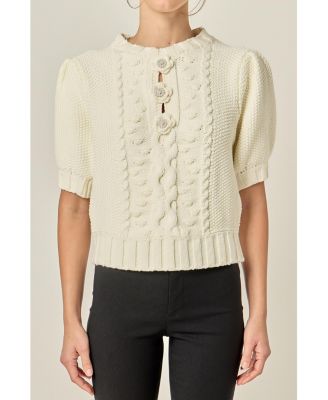 Women's Cable Puff Sleeve Knit with Flower Details