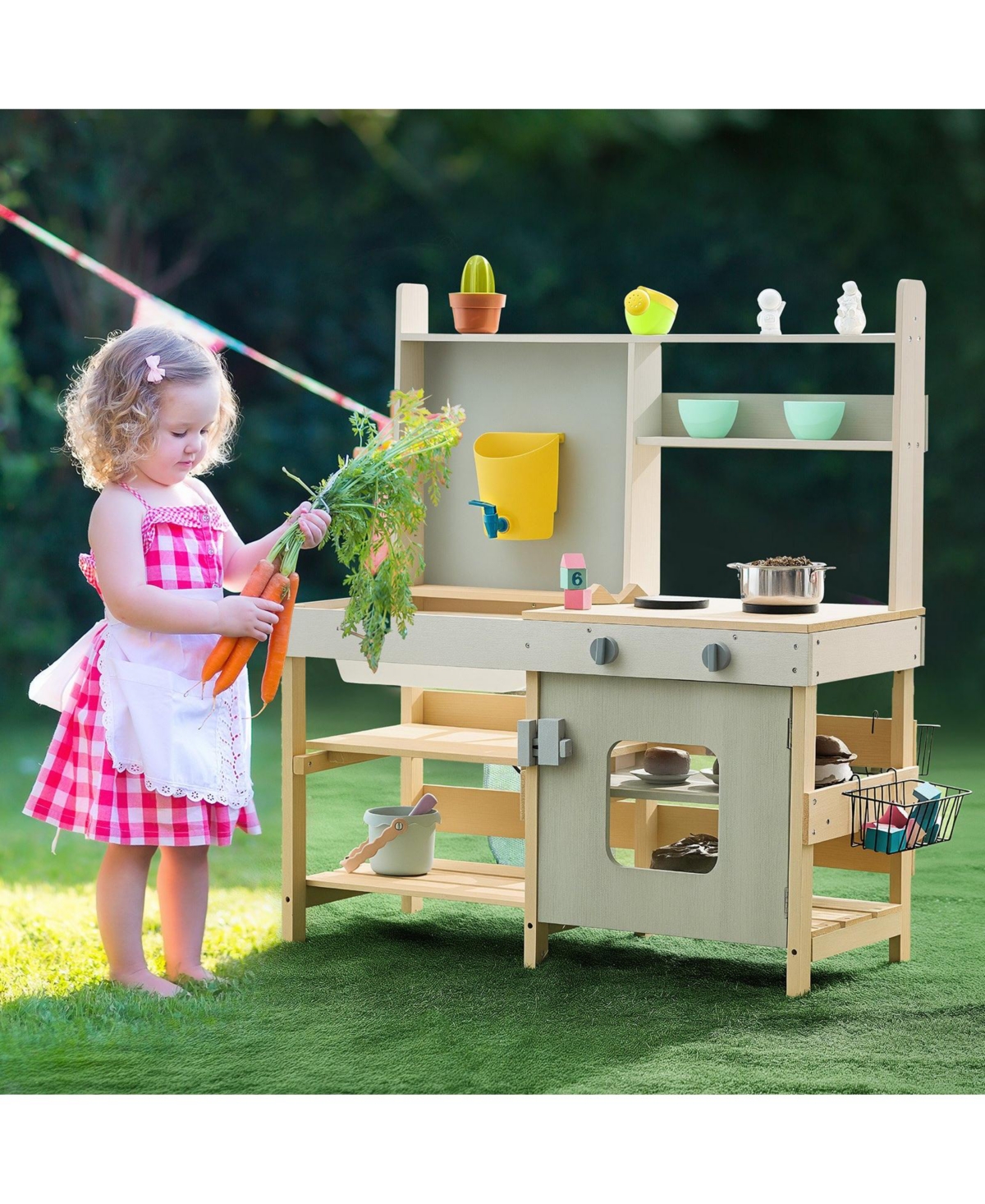 Sugift Outdoor Mud Kitchen with Storage Bag, Metal Baskets & Stoves