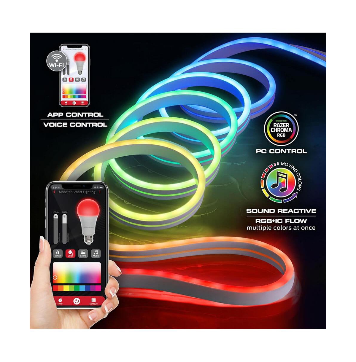 Monster Cable Rgb+Ic Flexible Neon Outdoor Led Smart Light Strip – 16.4 Ft