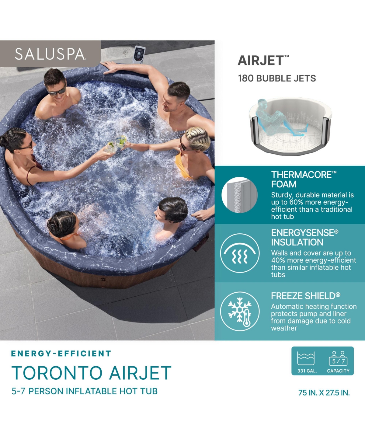 Bestway SaluSpa Toronto 5-7 Person Energy-Efficient AirJet Hot Tub, App, Brown