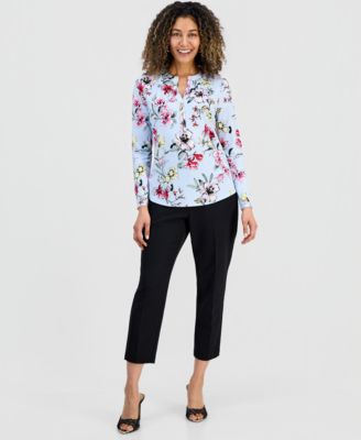 Petite Floral-Print Henley Top