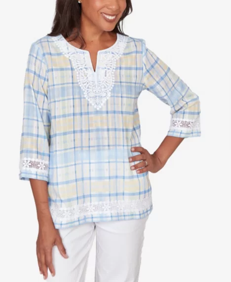 Petite Classic Plaid Embellished Lace Top - Blue Multi